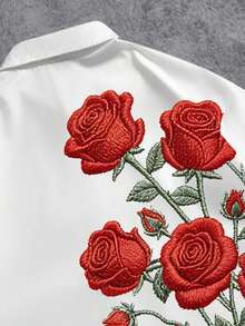 Manfinity ZONE917 Plus Size Boxy Cropped Loose Faux Embroidered Red Rose Floral Print White Short Sleeve Shirt, Suitable For Spring & Summer, Gift For Friends - Multicolor - View 2