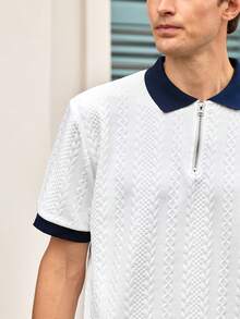 Officeau Men's Summer Jacquard Textured Contrast Collar Half-Zip Polo Shirt, Suitable For Daily Commute, Travel, Vacation And Outdoor Occasions, Casual Minimalist Style, Urban Mature Style, British Gentleman Style - White - View 8