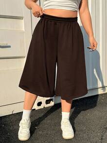 Muchica Plus Size Spring Summer Casual Ultra Wide Leg Solid Color Elastic Waist Capri Sweatpants - Chocolate Brown - View 3