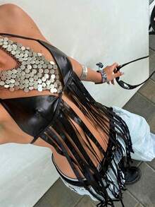 Aloruh Women's Summer Swimwear Glamorous Sexy Party Vacation Beach Pool Rave Holiday Fringe Hem Hollow Techno Halter Neck Tie Top Bikinis Black - Black - View 3