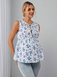 SHEIN Top de tirantes de maternidad cómodo, con cuello redondo, cordón ajustable y dobladillo con volantes, versátil y elegante de moda - Azul y blanco - Ver 3