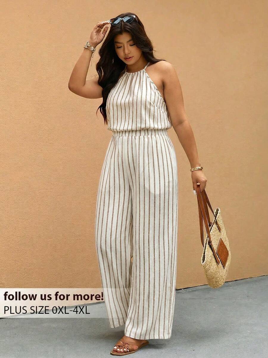 Elaquor Jumpsuit Wanita Ukuran Besar Motif Garis-garis Model Halter Neck Longgar dengan Kaki Lebar