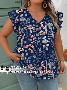 SHEIN CURVE+ Plus Size Women Casual Floral Print Ruffle Sleeve Blouse - White - View 1