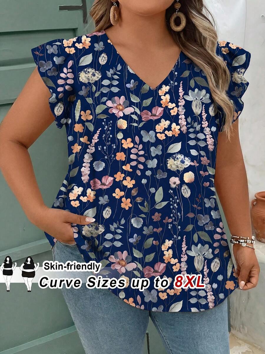 SHEIN CURVE+ Plus Size Women Casual Floral Print Ruffle Sleeve Blouse - White - View 1