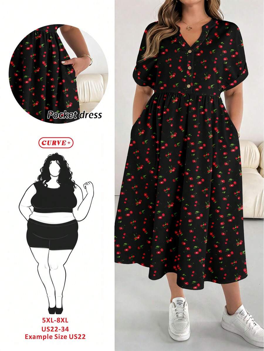 SHEIN CURVE+ Plus Size Summer Casual Cherry Print Dress - Multicolor - View 1