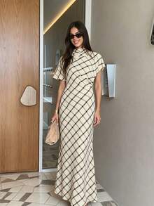 Siren Gaze Đầm kẻ caro tay cánh dơi bất đối xứng mùa hè mới, đầm dài thanh lịch thường ngày, đầm dự tiệc cưới, đầm dự tiệc cocktail. - Màu be - Xem 2