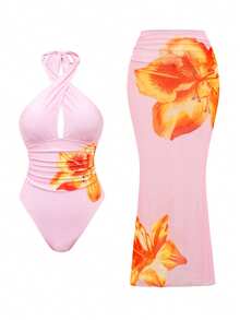 SHEIN Swim 女款花卉印花掛脖式連身泳衣，附配套遮陽裙，粉色與橘色，適合海灘度假，夏季性感 - 粉色 - 查看 4