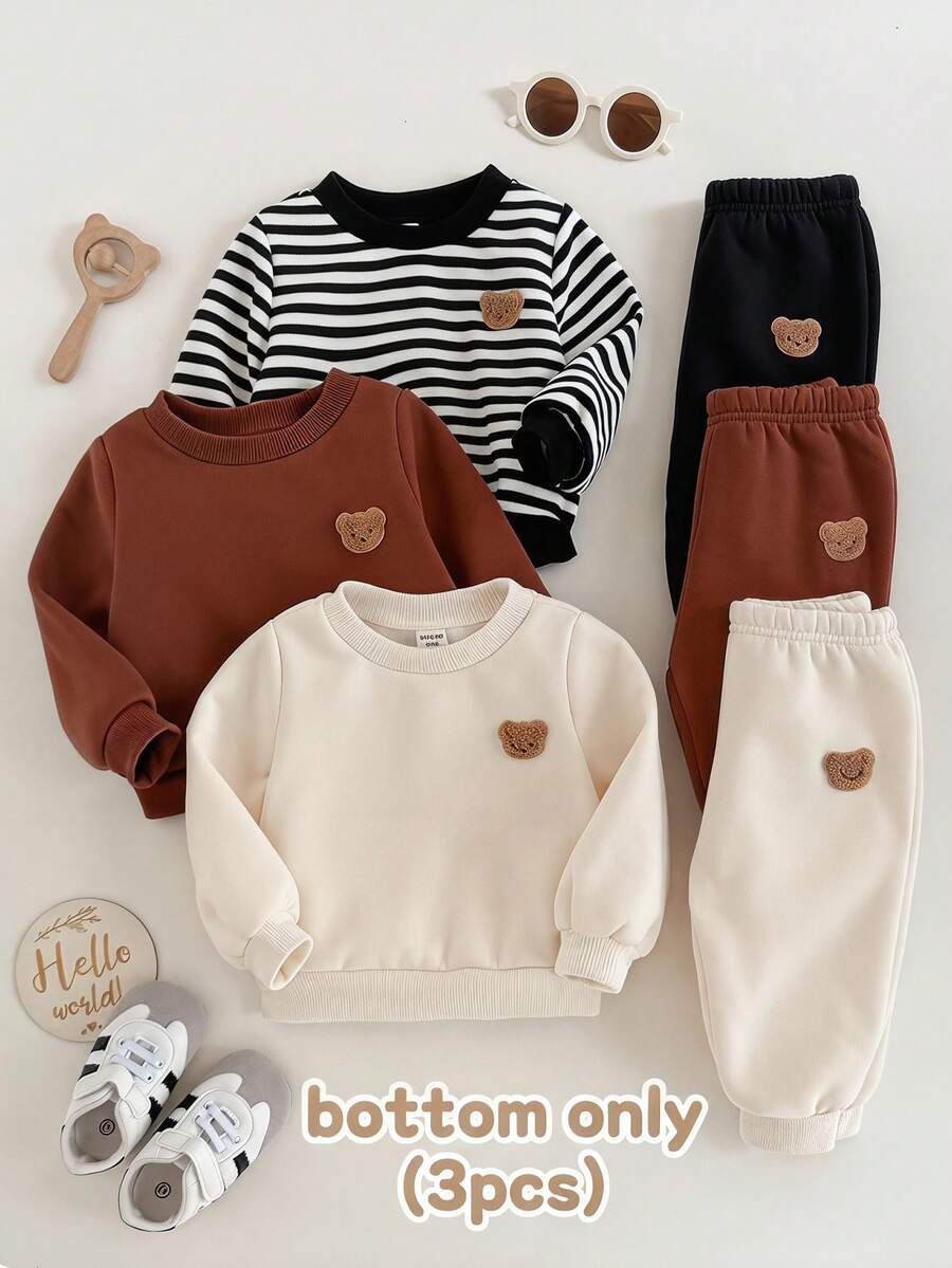 SHEIN 3件組嬰兒男/女童保暖內裡長褲,返校季秋冬可愛熊圖案素色運動褲,舒適休閒日常慢跑褲 - 彩色 - 查看 1