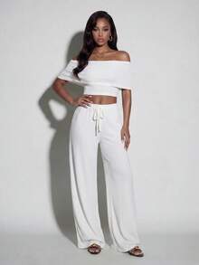 Normani 女士夏季休闲纯色露肩短款上衣和裤子两件套 - 白色 - 查看 2