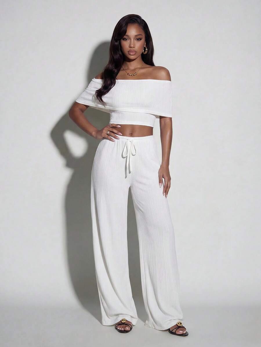 Normani 女士夏季休闲纯色露肩短款上衣和裤子两件套