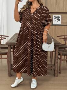SHEIN CURVE+ Vestido de bebé talla grande para mujer, vestido holgado, vestido de verano de manga corta, ropa holgada y cómoda talla grande, vestido estampado, vestido casual de vacaciones, vestido casual para mujer, vestido casual de iglesia para mujer, vestido casual de maestra talla grande, falda de burbuja de otoño para mujer, vestido de trabajo, vestido de salida, vestido casual - Marrón - Ver 5