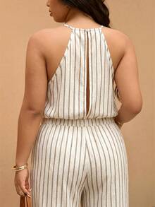 Elaquor Jumpsuit Wanita Ukuran Besar Motif Garis-garis Model Halter Neck Longgar dengan Kaki Lebar - Coklat - View 8