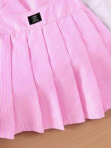 SHEIN Genkimix Kids Conjunto de blusa de manga larga a rayas azules y falda con cintura elástica decorativa para niñas preadolescentes, de moda para otoño/invierno - Rosa - Ver 5
