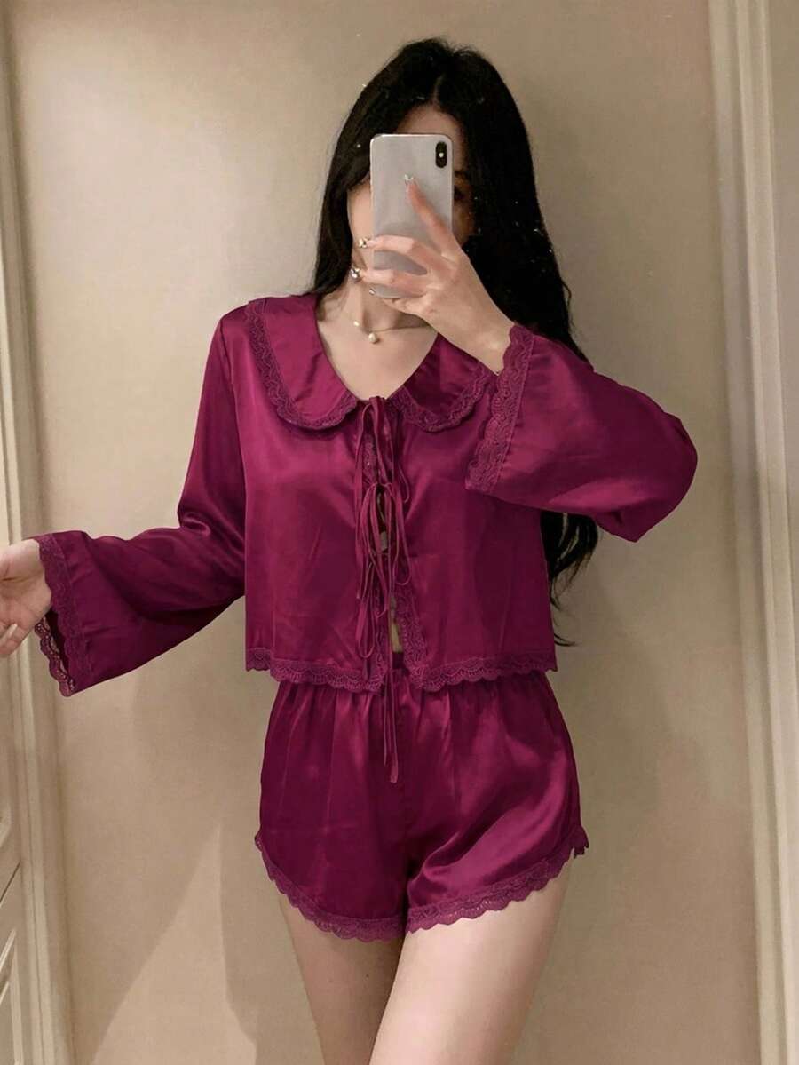 DAZY 2件組浪漫蕾絲拼接緞面繫帶細肩帶背心與超短睡褲套裝 女款 - 中紫紅色 - 查看 1