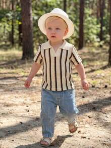 SHEIN Vintaside Kids Toddler Boys' Casual Lapel Short Sleeve Top Paired With Fashionable Washed Denim Pants Set, Suitable For Daily Wear, Family Camping, Dining Or Shopping - Brown - View 6