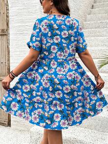 Ceyna Vestido de verano de manga corta con cuello en V profundo y estampado floral para tallas grandes - Azul - Ver 2
