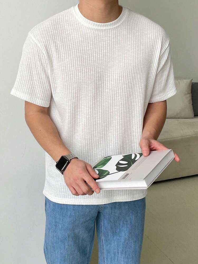 White Ribbed Fabric Short Sleeve Solid Color T-Shirt For Men