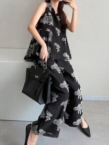 FRIFUL 女款休閒腰果圖案圓領無袖上衣與長褲兩件套 夏季 - 黑色 - 查看 6