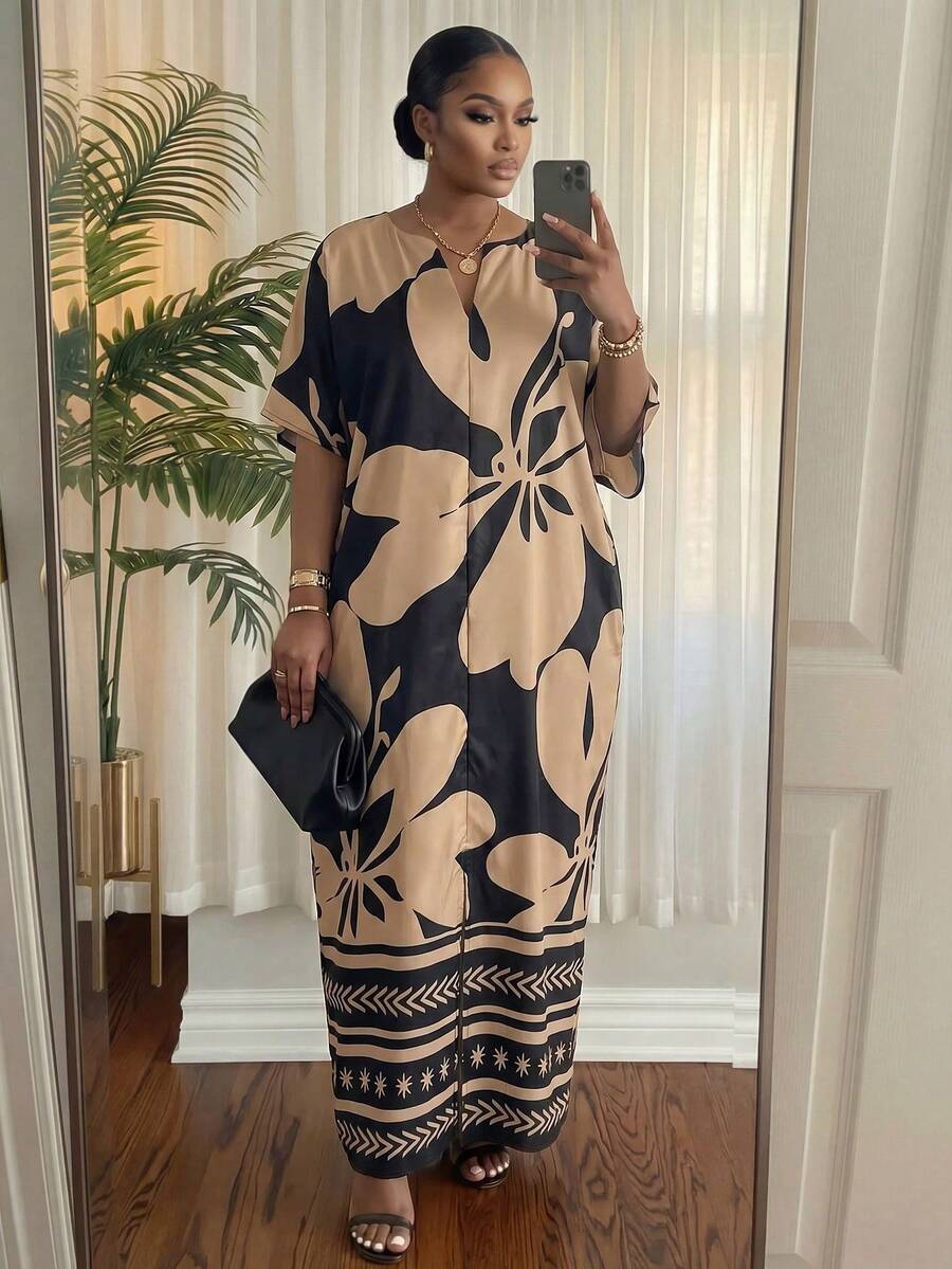 SHEIN Lady CURVE 大尺碼花卉印花休閒度假洋裝 - 彩色 - 查看 1