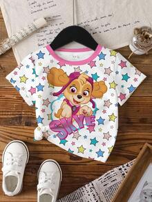 SHEIN | PAW Patrol 少女夏季休閒度假日常通勤趣味可愛卡通彩色星星印花短袖T恤 - 白色 - 查看 3