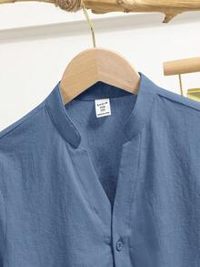 SHEIN 男童大童寬鬆休閒立領梭織素色短袖襯衫與長褲2件組 - 霧霾藍 - 查看 5