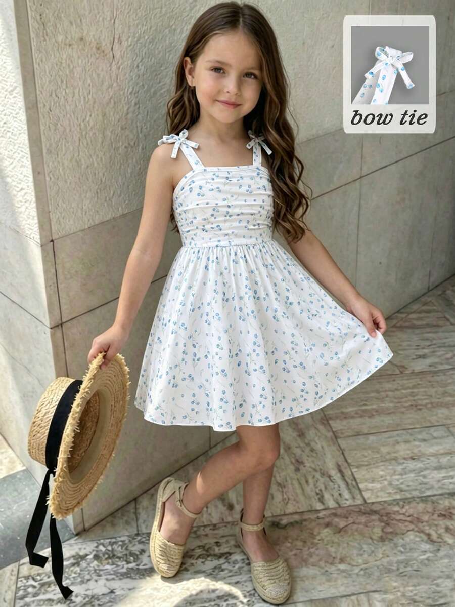 Elladie kids Đầm dệt kim không tay họa tiết hoa nhí mùa xuân/hè mới dành cho bé gái, điểm nhấn là nơ trang trí, kiểu dáng thoải mái, thanh lịch, phù hợp mặc hàng ngày, đi học, đi nghỉ mát, đi biển, dự tiệc. - trắng - Xem 1