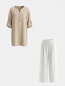 SHEIN LUNE V-Neck Half-Button Adjustable Rolled Sleeve Side Slit Long Shirt Blouse + White Elastic Waist Harem Pants Middle-Aged Women's Set - Multicolor - View 2