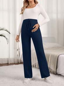 SHEIN Pantalones rectos de unicolor versátiles y casuales para maternidad - Azul Marino - Ver 4