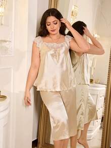MuseNap CURVE Conjunto de pijama de pantalón 3/4 con diseño de encaje bordado cómodo de satén talla grande - Albaricoque - Ver 3