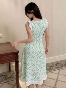 DAZY Nuisette midi sans manches à volants avec imprimé fleurs de cerisier pour femmes, pyjama d'été - Vert - Voir 2