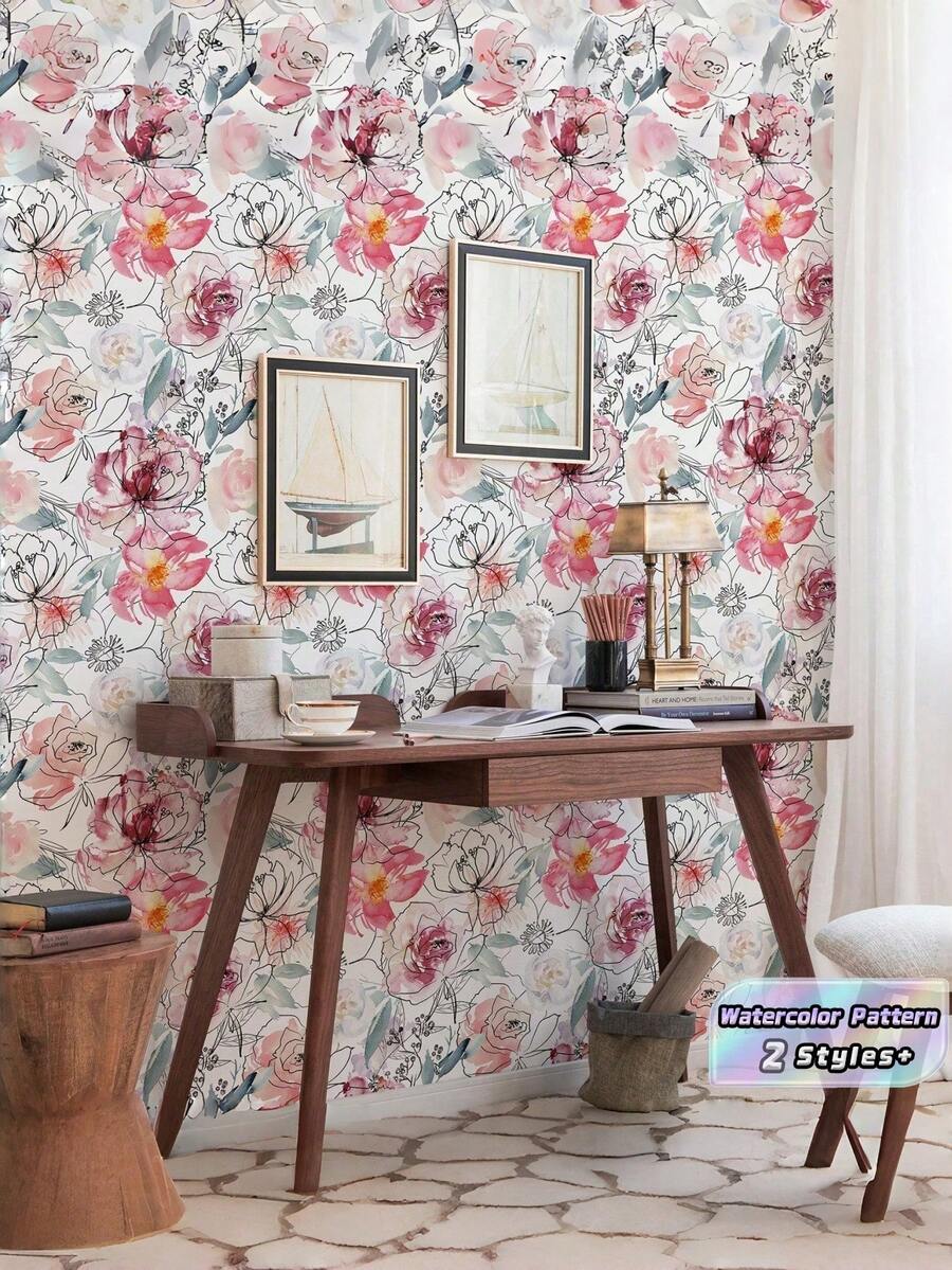1 Stück handbemalter Aquarell Blumen Möbel Renovierungs-Aufkleber, abnehmbar, Klebefolie mit weißem und rosa Blumenmuster, Heimdekoration für Wohnzimmer, Küche, Badezimmer, Schlafzimmer, Esszimmer, Büro, Waschküche, Eingangsbereich, Schrank, Schublade, Regal, Bastelarbeiten, Blumen Tapete Renovierungs-Aufkleber
