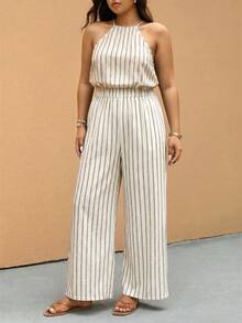 Elaquor Jumpsuit Wanita Ukuran Besar Motif Garis-garis Model Halter Neck Longgar dengan Kaki Lebar - Coklat - View 7