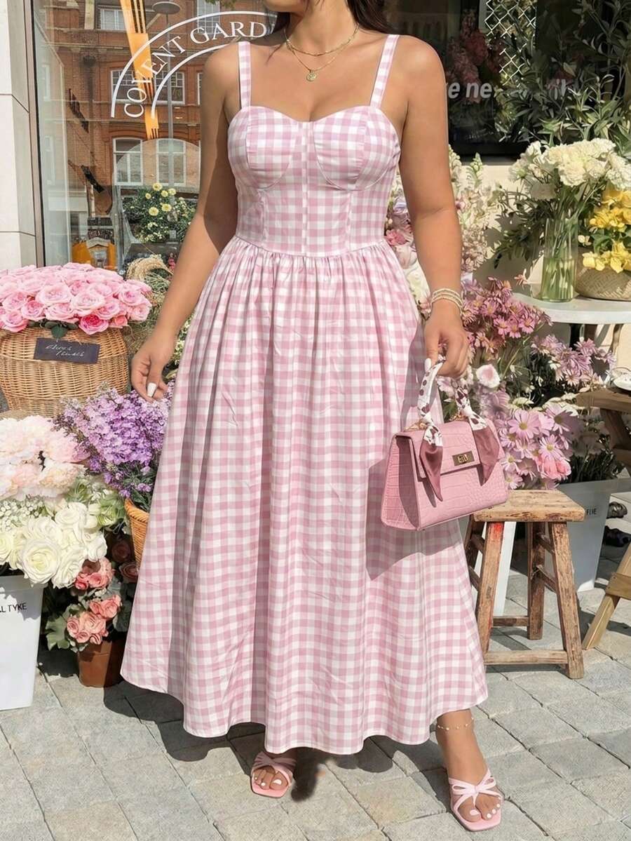 SHEIN MOD Đầm maxi dáng chữ A rộng, màu hồng trắng kẻ caro, thắt lưng sau – Hoàn hảo cho kỳ nghỉ, hẹn hò, dã ngoại, tiệc tùng, dạ hội, lễ hội và sinh nhật; Đầm kẻ caro kiểu cổ điển lãng mạn, đầm dã ngoại, đầm dự tiệc trà, đầm kẻ sọc hồng, đầm midi cho nữ, trang phục ngày Valentine, quần áo mùa hè, trang phục mùa xuân cho nữ, trang phục lễ hội. - Màu Hồng baby - Xem 1