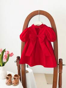 SHEIN LMoss Kids 女婴可爱短袖翻领连衣裙，夏季 - 紅色 - 查看 5