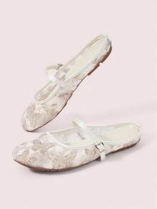 CUCCOO DOLLMOD Women's Shoes, Apricot, Round Toe Dew Heel Closed Toe Sandals, Flower Butterfly Embroidered Mesh Yarn, Sweet And Cute, Comfortable, Soft And Breathable - Butterfly - Apricot - View 3