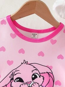 女童短袖卡通圖案休閒洋裝，柔軟舒適面料，適合兒童日常穿著 - 粉色 - 查看 5
