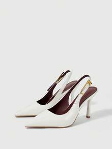 Sleekvia Women's New Thin High-Heel Pointed-Toe Pumps, Mirror PU Material, Metal Rhinestone Buckle, Simple And Elegant Commuter Wear, Back Strap Pointed-Toe Heels - Chantilly - View 6