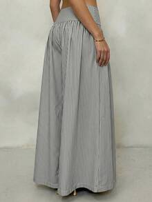 SHEIN Glamour Quần ống rộng cạp thấp xếp ly bằng vải dệt sọc vàng dành cho nữ, quần đi nghỉ dưỡng dành cho nữ, quần dài sọc vàng dành cho nữ. - Đen và trắng - Xem 2