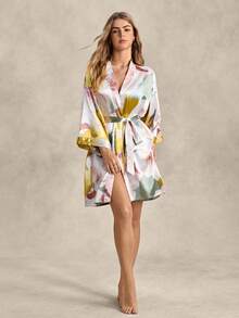 EverLounge Floral Print Drop Shoulder Belted Satin Robe Without Lingerie Luxe Loungewear, Fall, Winter - Multicolor - View 6