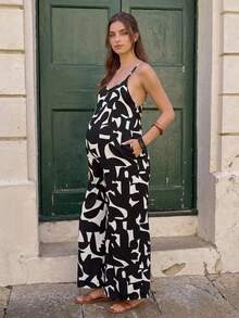 SHEIN 孕妇撞色印花连体裤 - 黑與白 - 查看 2