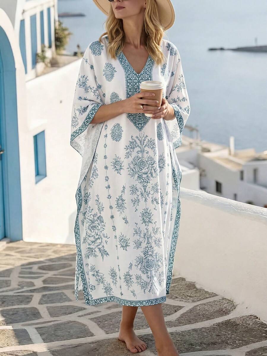 SHEIN Holidaya 女士印花雪纺长袍,蝙蝠袖设计,V领宽松波西米亚风连衣裙,适合夏季度假、与朋友野餐、城市漫步和休闲居家穿着。 - 藍色 - 查看 1