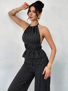 Firerie 女款優雅休閒時尚度假風性感音樂節派對新款流行條紋掛脖露背綁帶背心上衣與高腰長褲棕色兩件套 - 黑色 - 查看 6