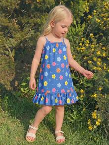 SHEIN Elladie kids 女童藍色丹寧風花朵蝴蝶結細肩帶洋裝，秋季仙女風家庭度假度假穿搭，數位印花荷葉邊夏季陽光洋裝 - 藍色 - 查看 4