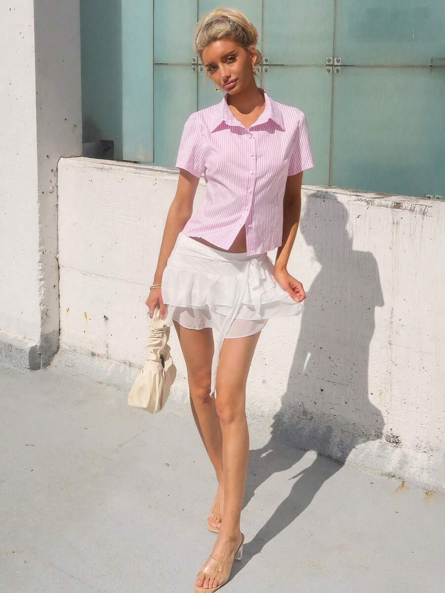 Sydney Algeri ChicEase French Style Slim Fit Yellow And White Striped Short Sleeve Elegant Office Wear Blouse For Women Shirt Clothes For University Pink Summer - Pink - View 1
