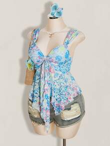 SHEIN ICON 女款大尺碼花卉印花背心上衣度假款 - 藍色 - 查看 4