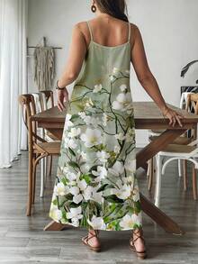 SHEIN VCAY Đầm maxi nữ phong cách vintage đi nghỉ dưỡng | Họa tiết hoa mộc lan màu xanh nhạt, dây đeo mảnh - Đầm dài dáng rộng xếp ly bay bổng có túi, đồ mặc đi biển thường ngày - Nhiều màu - Xem 2