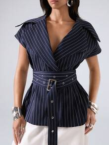LYSMO Blazer feminino de verão casual para o dia a dia e deslocações para o trabalho, com blocos de cor, estampado às riscas, gola de lapela e cinto - Azul marinho - Ver 3