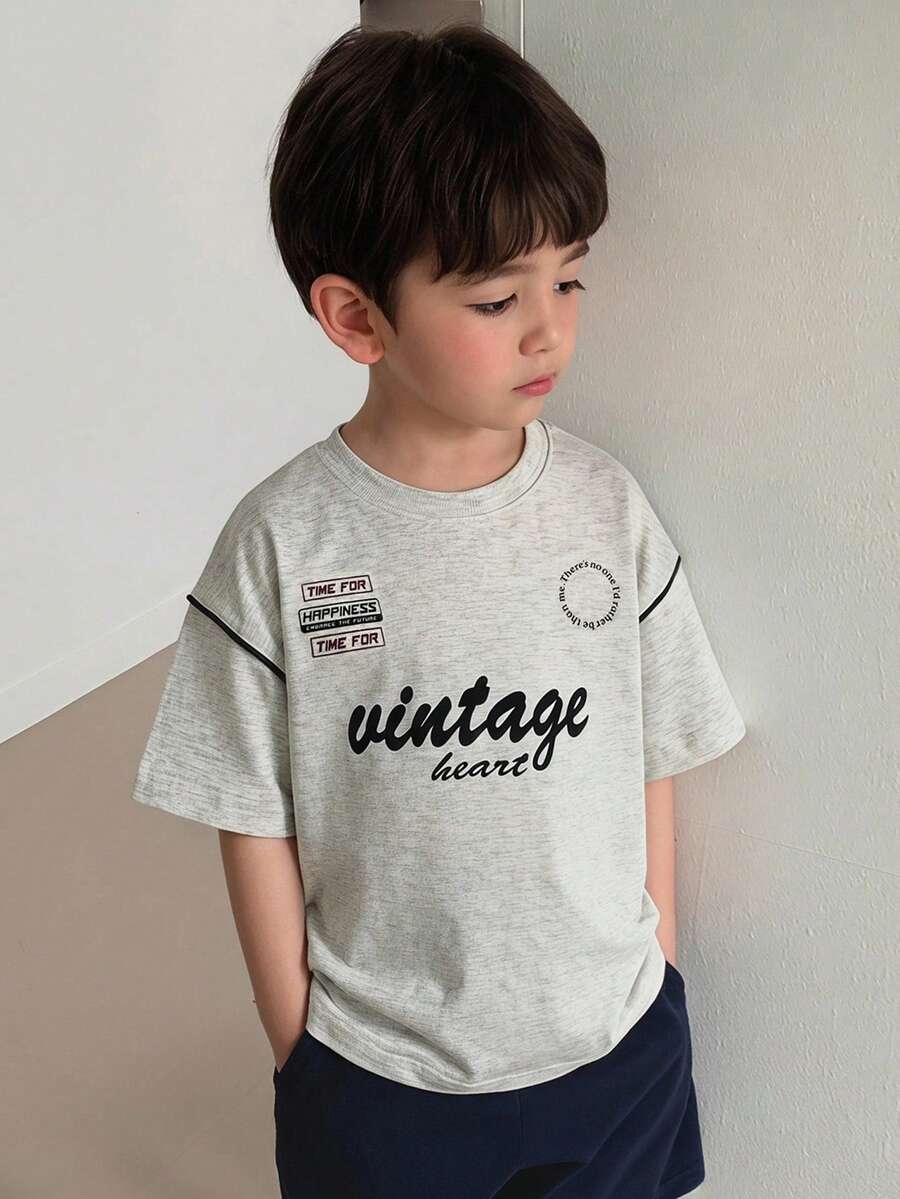 DAZY Kaos Lengan Pendek Leher Bulat Sederhana dengan Cetakan Huruf untuk Anak Laki-Laki di Musim Panas - Light Grey - View 1