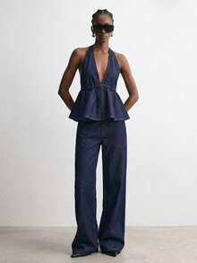 ATUI Studio Conjunto Casual Feminino com Top Halter Nó em Cor Sólida e Calça Denim com Bolso Diagonal - Azul Marinho - Visão 4