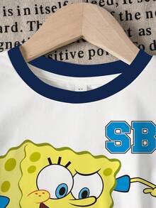 SpongeBob SquarePants | SHEIN 男童夏季休闲撞色卡通印花圆领短袖T恤短裤套装 - 白色 - 查看 4